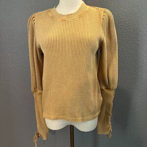 FP ONE FREE PEOPLE TASHA Thermal Shirt with Lace-Up Puffy Long Sleeves CARAMEL S